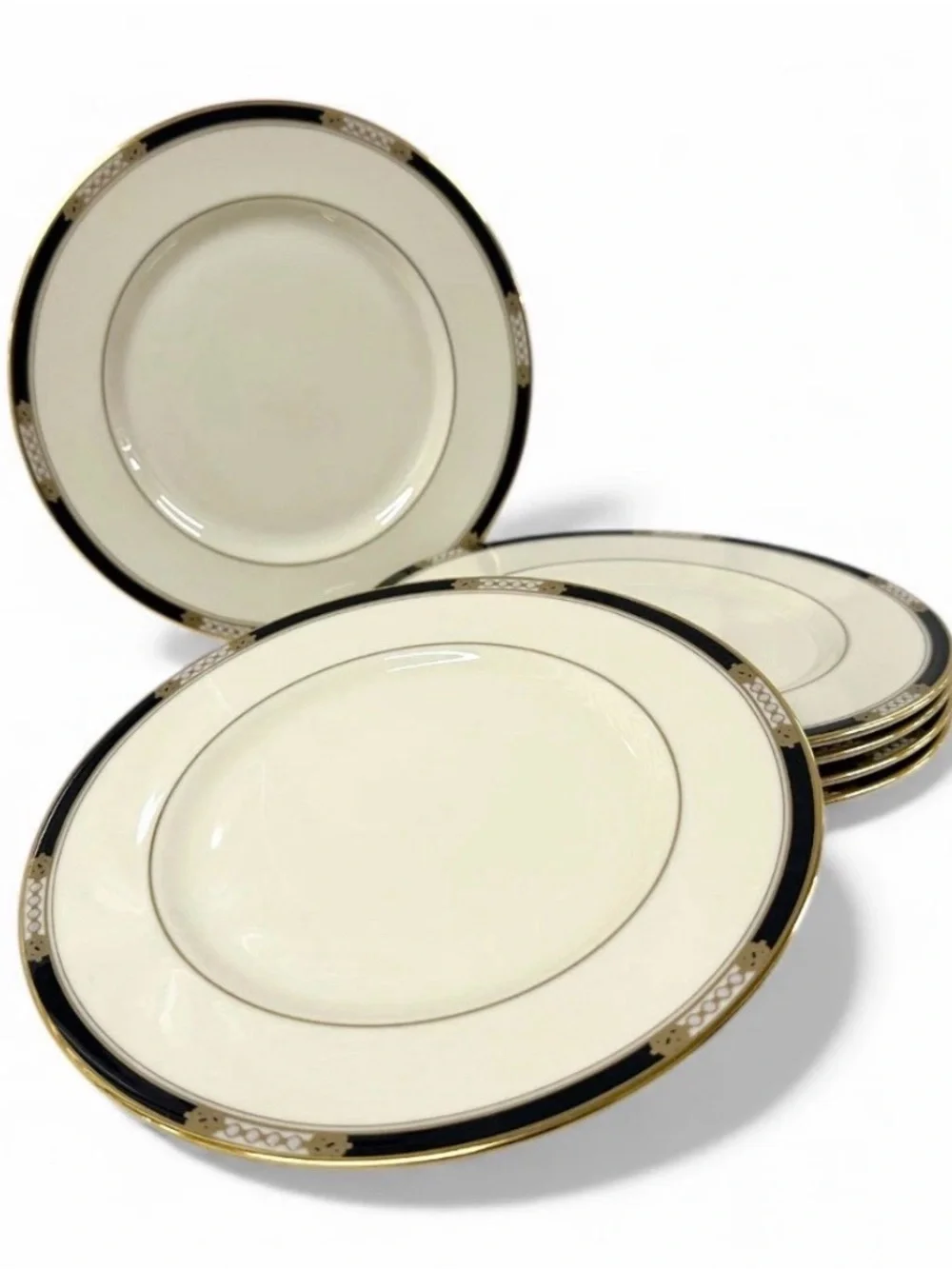 Lenox Hancock Salad Plates Set of 6 8.5” Black 24K Gold USA Bone China Vintage